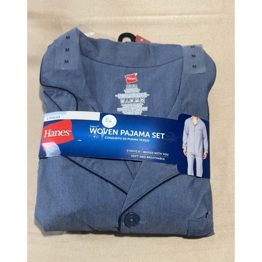 Hanes Men's M 2-Piece Woven Sleep Set Blue Solid Collared Button Front